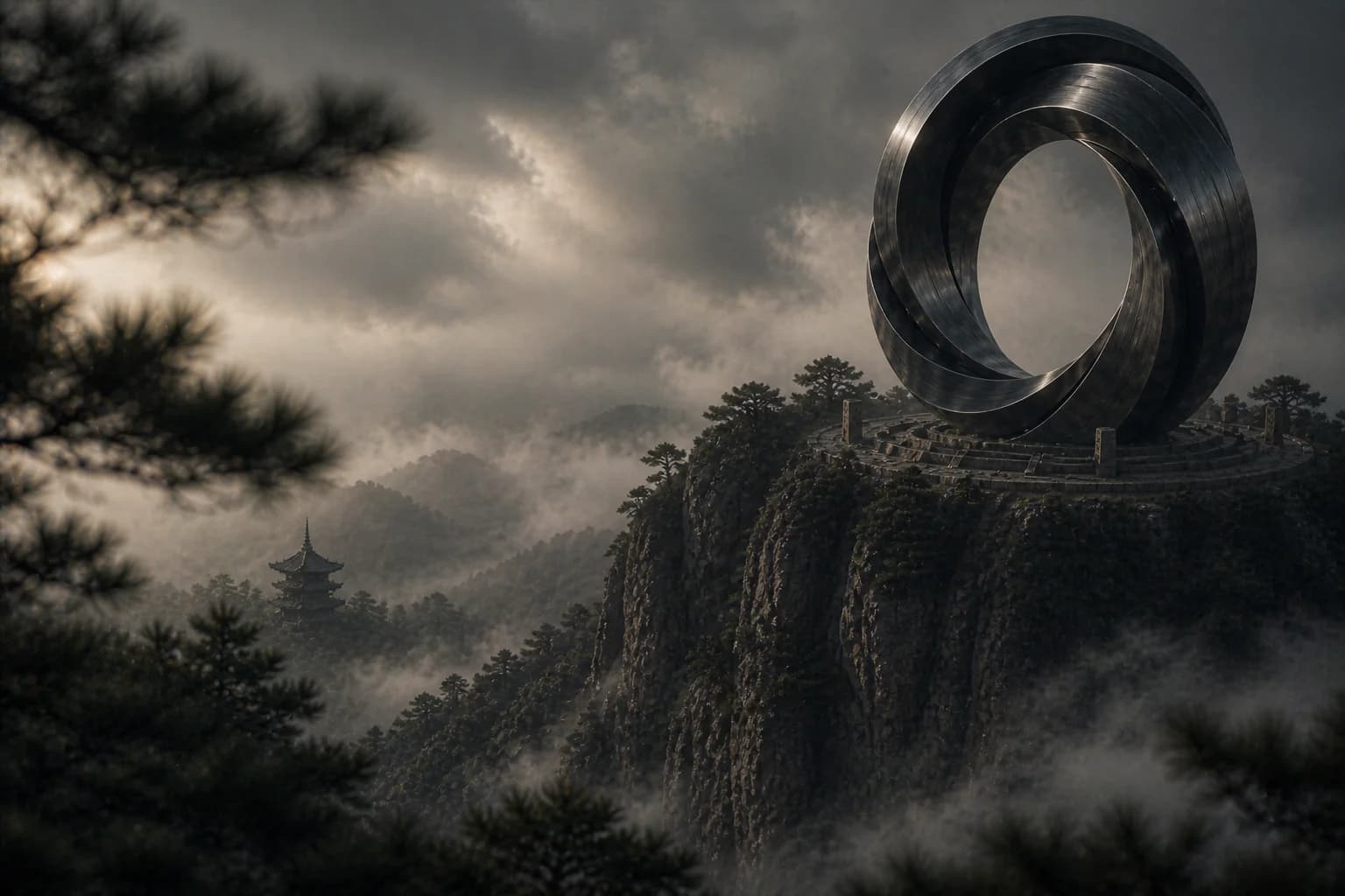 Onyx artifact above a mist-covered Japanese landscape