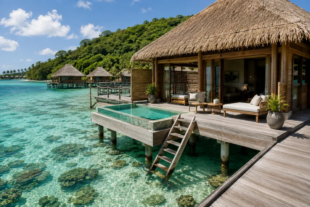 Overwater villas above clear tropical water