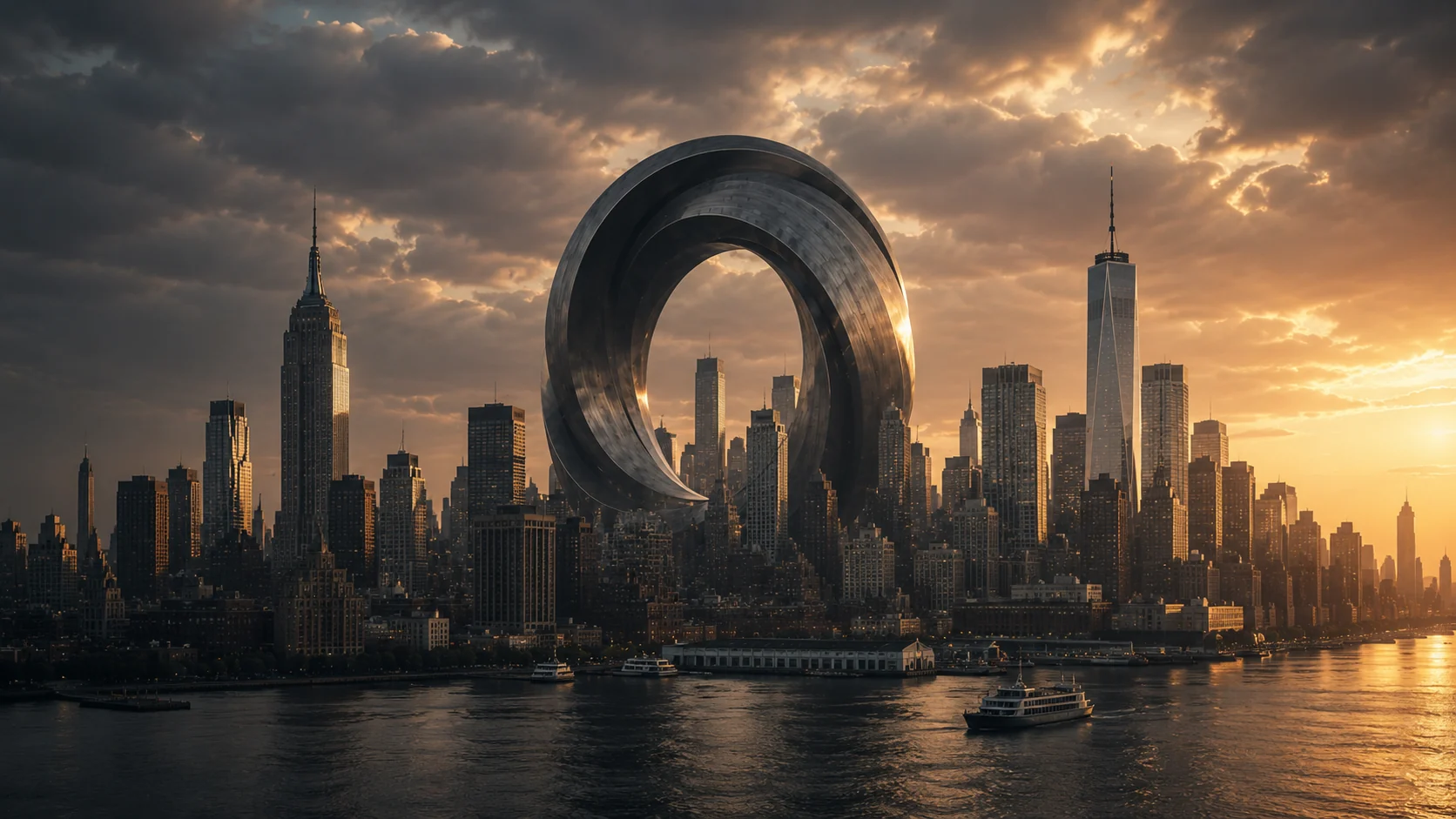 Onyx artifact above the Manhattan skyline at sunset