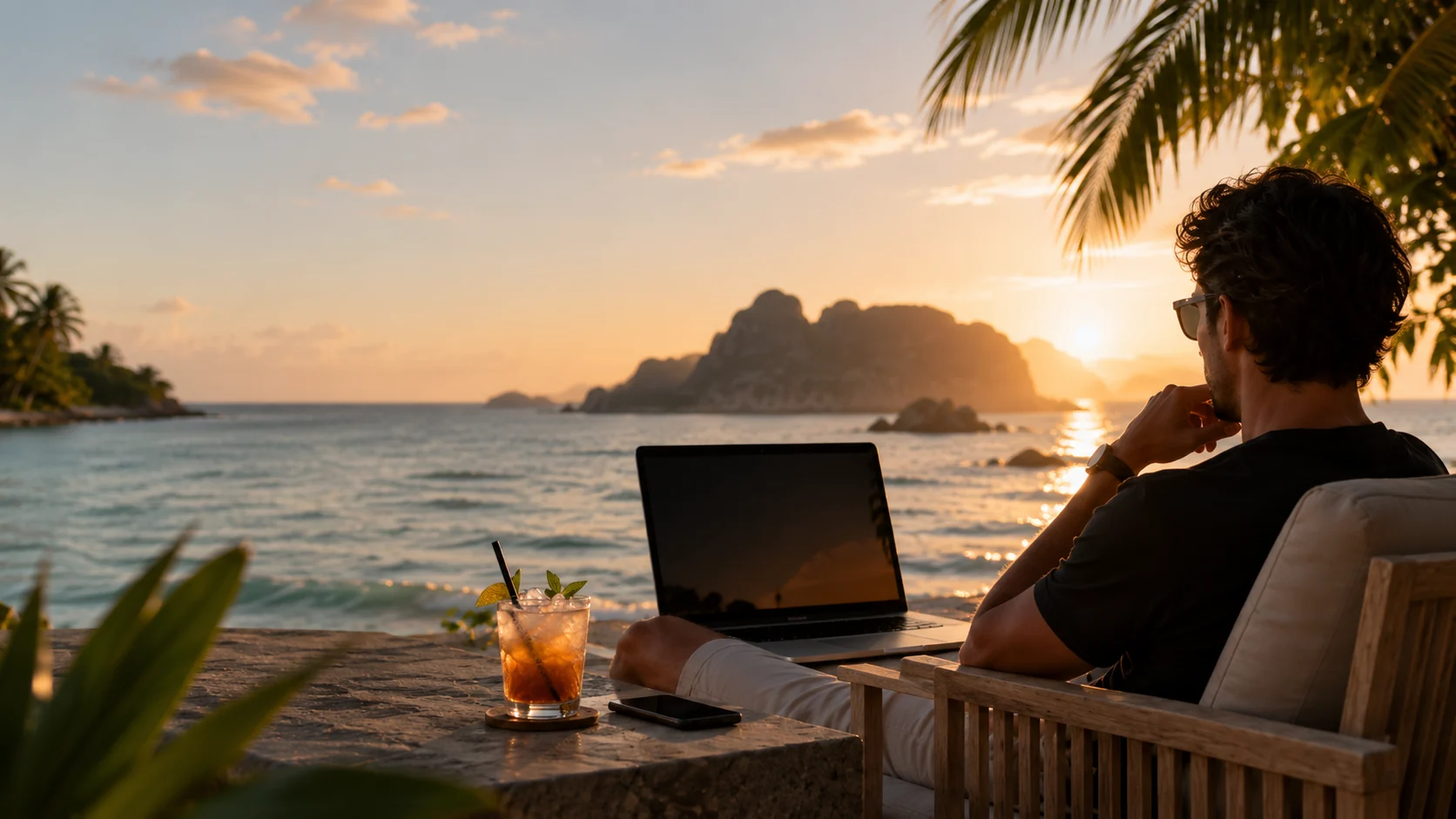 Traveler working from a laptop beside the sea at sunset